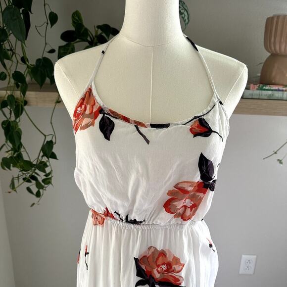 Volcom Floral Halter Maxi Dress XS White Orange Backless Boho, Resort, Beach - Picture 3 of 9